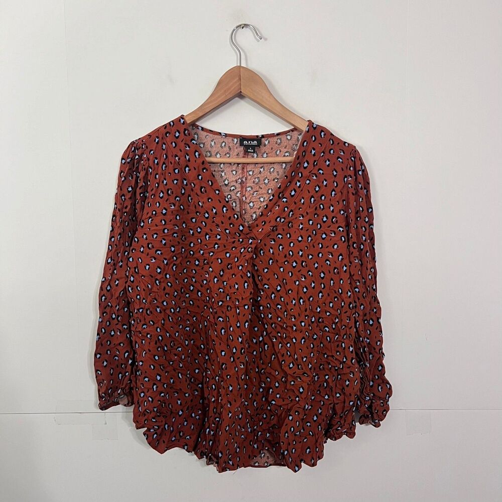 Ana Womens Animal Print Shirt Size L Brown Spotted Long Sleeve V-Neck